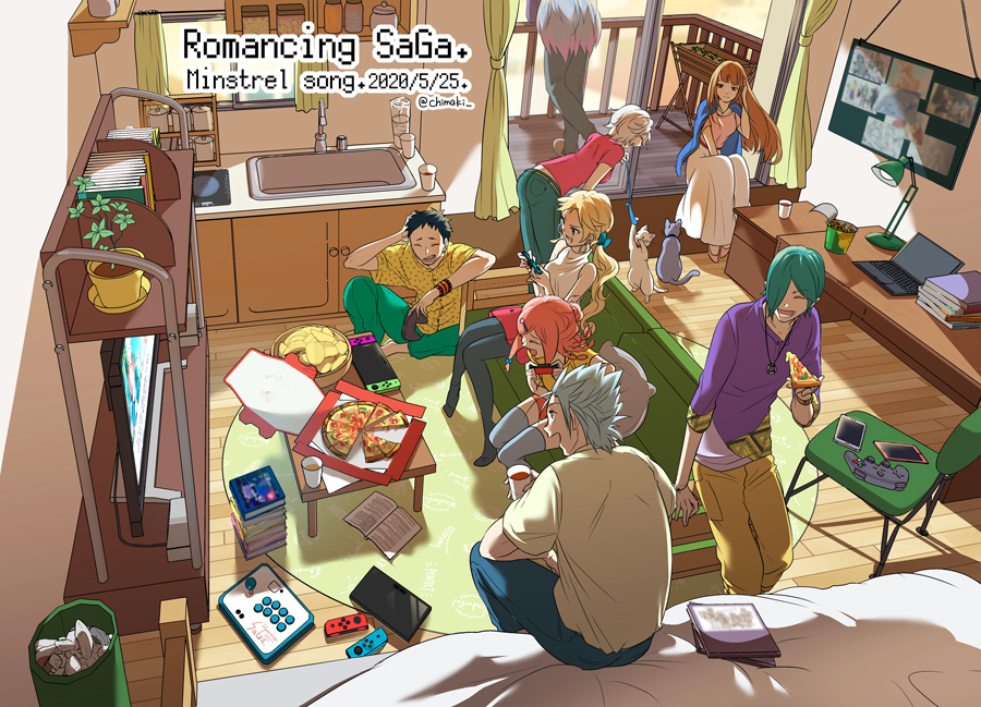 4boys, 4girls, aisha_(saga), barbara_(romancing_saga), black_hair, blonde_hair, brown_hair, character_request