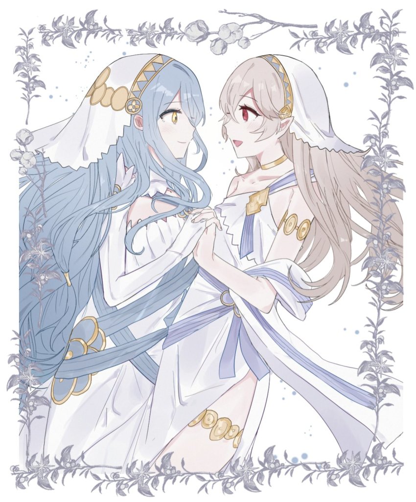 2girls, alternate_costume, armlet, azura_(fire_emblem), blue_hair, female_corrin_(adrift)_(fire_emblem), female_corrin_(fire_emblem), detached_sleeves