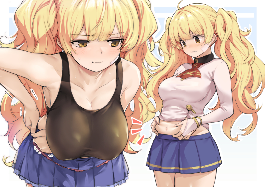 1girl, ascot, bandaid, bandaid_on_face, bare_shoulders, belly_grab, black_sports_bra, blonde_hair