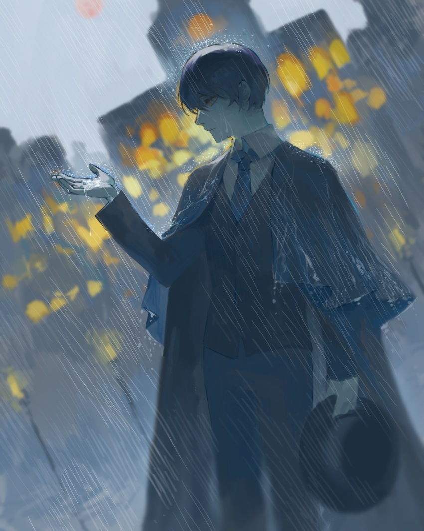 black_cape, black_hair, black_jacket, black_pants, blue_necktie, blurry, blurry_background, brown_eyes, building, cape, chinese_commentary, cloud, cloudy_sky, commentary_request, dark, hand_up, hat, highres, holding, holding_unworn_clothes, holding_unworn_hat, holding_water, jacket, ji26725339, klein_moretti, lamppost, looking_at_hand, lord_of_the_mysteries, moon, necktie, night, pants, rain, red_moon, sky, solo, unworn_hat, unworn_headwear, water_drop, wet, wet_clothes, wet_hair, window
