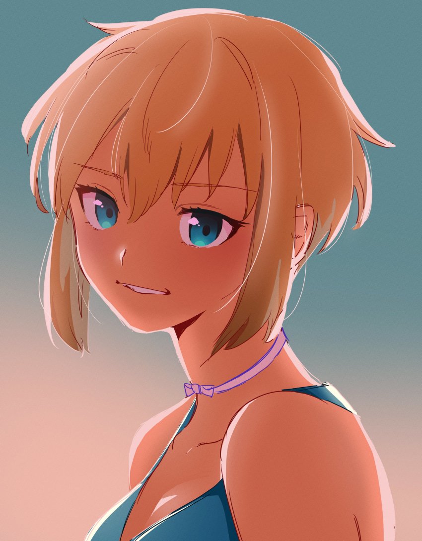 absurdres, alternate_hair_length, alternate_hairstyle, blonde_hair, blue_dress, blue_eyes, dr._stone, dress