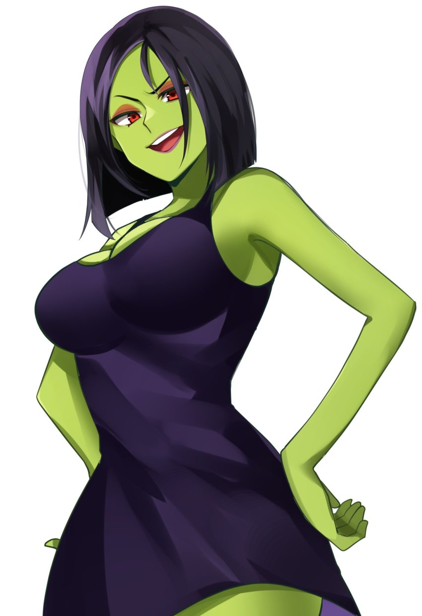 1girl, banjo-kazooie, black_dress, black_hair, breasts, cleavage, colored_skin, commentary_request