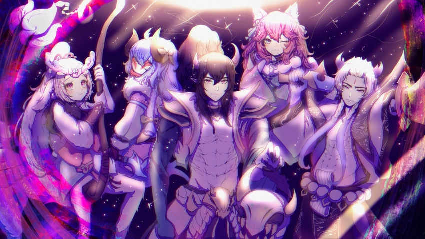 2boys, 3girls, :3, abs, absurdres, ahoge, ahri_(league_of_legends), black_gloves