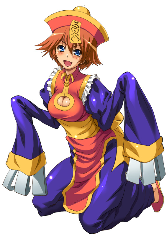 1girl, blue_eyes, blush, breasts, capcom, chinese_clothes, claws, cleavage, cleavage_cutout, clothing_cutout, cosplay, darkstalkers, female_focus, full_body, hat, hsien-ko, hsien-ko_(cosplay), jiangshi, kneeling, long_sleeves, nanakawa_rui, ofuda, orange_hair, qingdai_guanmao, shiruko_(inosin), shoes, short_hair, simple_background, solo, tokimeki_memorial, tokimeki_memorial_4, white_background