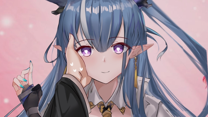 1boy, 1girl, arknights, blue_hair, blue_nails, bridal_gauntlets, earrings, hair_between_eyes