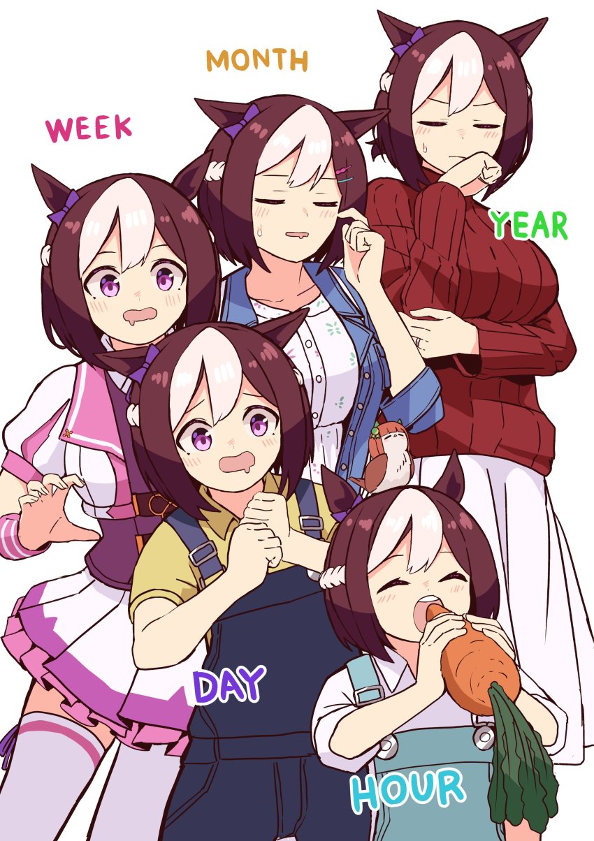 1girl, absurdres, age_progression, aged_down, aged_up, animal, animal_ears, animal_on_head, animalization, bird, bird_on_head, bow, breasts, brown_hair, carrot, denim, denim_jacket, drooling, eating, highres, horse_ears, horse_girl, jacket, jewelry, large_breasts, on_head, overalls, petoka, purple_eyes, ribbed_sweater, ring, silence_suzuka_(umamusume), skirt, special_week_(special_dreamer)_(umamusume), special_week_(umamusume), sweater, thighhighs, umamusume