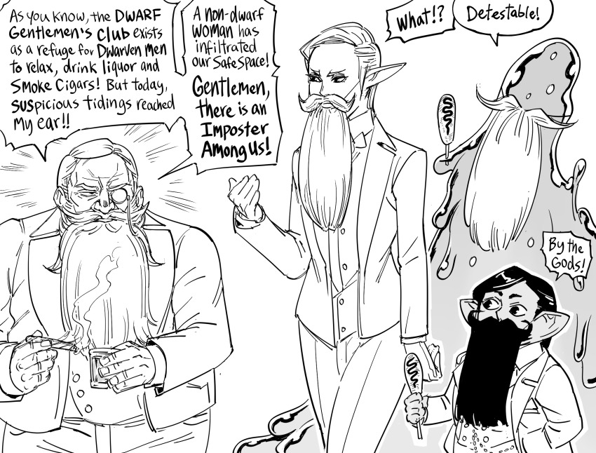 1boy, 2girls, among_us, bb_(baalbuddy), beard, bow, bowtie, commentary, dark-skinned_female, dark_skin, dwarf, elf, english_commentary, english_text, facial_hair, fake_beard, fake_facial_hair, fake_mustache, female_goblin, frown, goblin, greyscale, highres, holding, jacket, long_beard, monochrome, monocle, monster, multiple_girls, opaque_monocle, original, pants, parody, pointy_ears, short_hair, simple_background, slime_(creature), speech_bubble, tuxedo, white_background