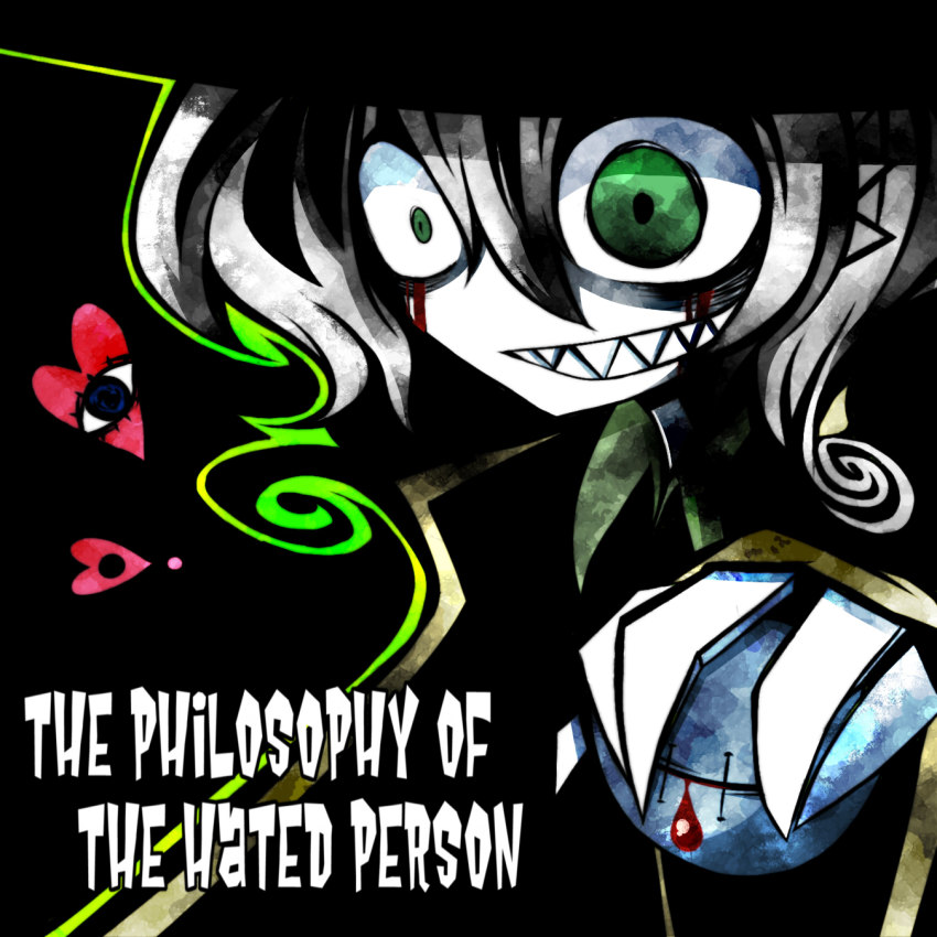 1girl, blood, blood_on_face, crazy, english_text, evil_grin, evil_smile, female_focus