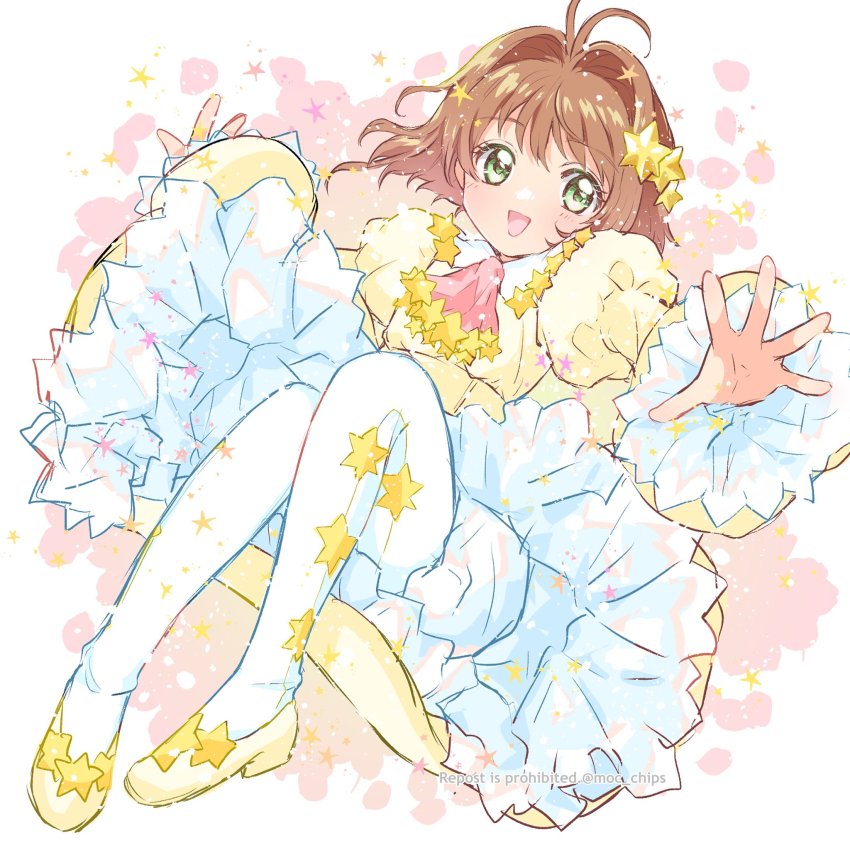 1girl, antenna_hair, bloomers, brown_hair, cardcaptor_sakura, cardcaptor_sakura_clear_card_arc, dress, frilled_dress