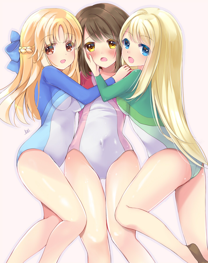 3girls, ass, asymmetrical_docking, athletic_leotard, blonde_hair, blue_eyes, blue_leotard, blush, braid, breast_press, breasts, brown_eyes, brown_hair, chloe_lemaire, commentary_request, commission, covered_navel, girl_sandwich, girlfriend_(kari), green_leotard, hand_on_another's_cheek, hand_on_another's_face, hand_on_another's_shoulder, hug, leotard, long_hair, miyamori_raira, multicolored_leotard, multiple_girls, open_mouth, pixiv_commission, red_leotard, ribbon, sandwiched, sasahara_nonoka, shina_kokomi, short_hair, smile, thighs, two-tone_leotard, white_leotard