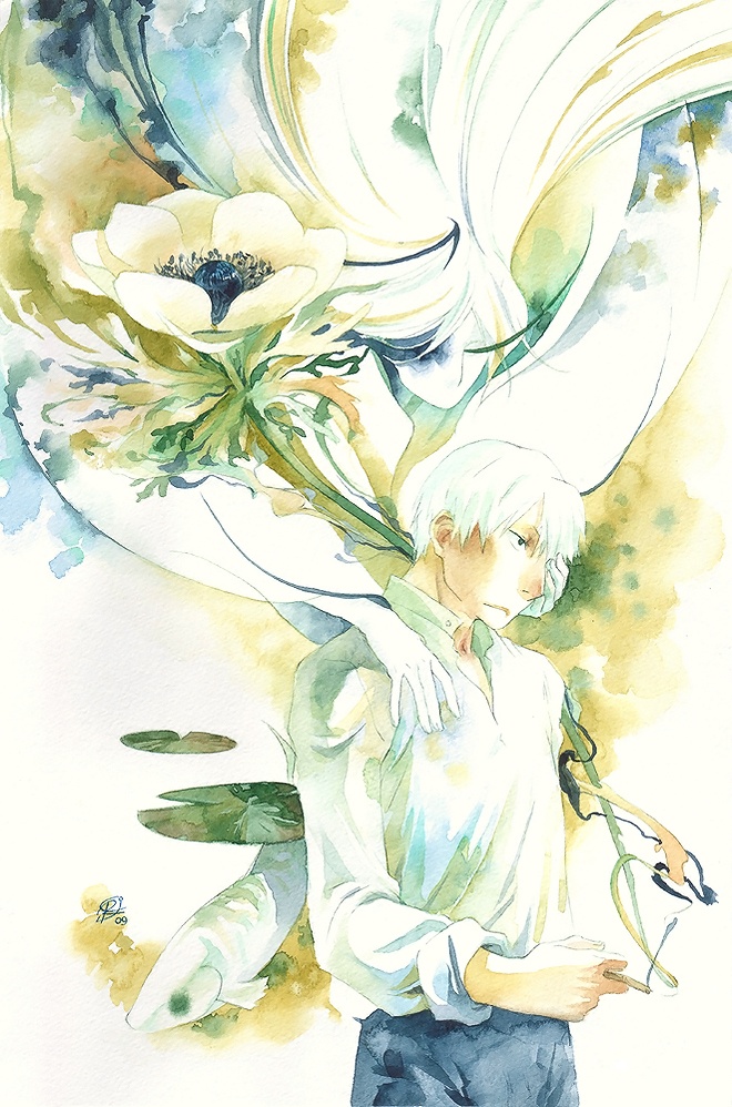 1boy, bad_deviantart_id, bad_id, chernotrav, cigarette, fish, flower, ghost, ginko_(mushishi), hand_on_another's_face, lily_pad, male_focus, monster_girl, mushishi, nui_(mushishi), oversized_flower, white_hair