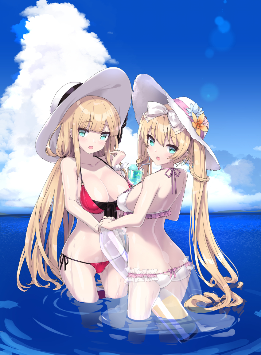 2girls, absurdres, ass, beach, bikini, blonde_hair, blue_oath, bow