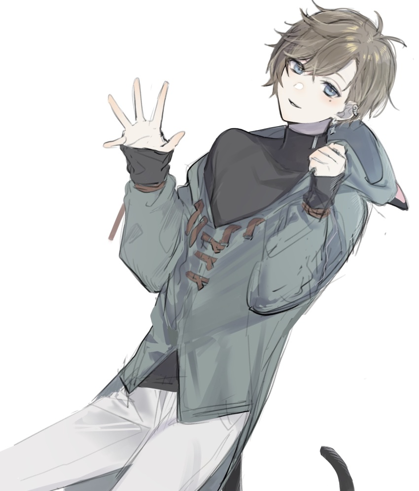 1boy, androgynous, blue_eyes, brown_hair, ear_piercing, highres, kanae_(11th_costume)_(nijisanji), kanae_(nijisanji), long_sleeves, looking_at_viewer, male_focus, mole, mole_under_eye, nijisanji, pale_skin, piercing, solo, sorano, virtual_youtuber, waving