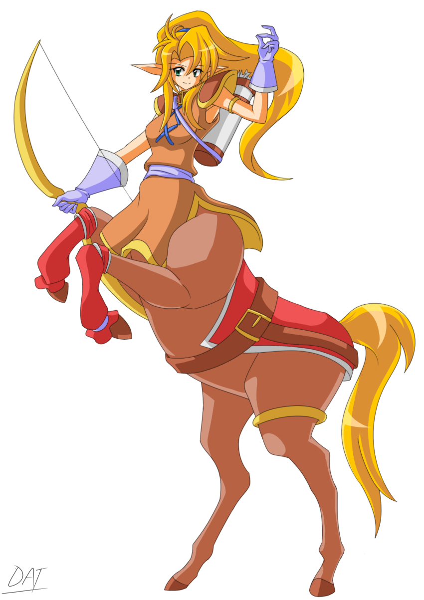 1girl, aqua_eyes, blonde_hair, bow_(weapon), centaur, d@i_(d@i-hard), dress, female_focus