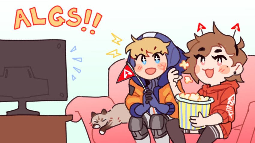 2girls, animification, apex_legends, artist_self-insert, black_legwear, blue_gloves, bodysuit, cat