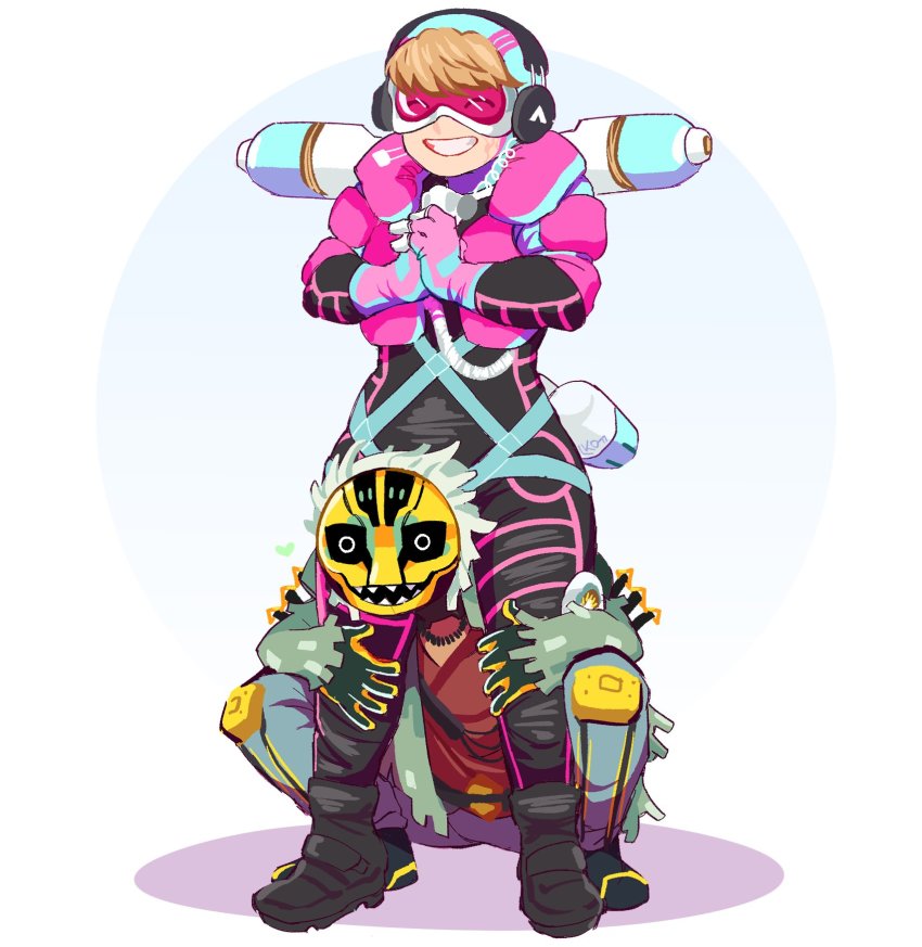 1boy, 1girl, ^_^, apex_legends, black_bodysuit, black_footwear, blue_pants, bodysuit, cable, closed_eyes, commentary, crypto_(apex_legends), english_commentary, gloves, goggles, green_jacket, hands_on_another's_leg, highres, jacket, jewelry, lila_(lilakeylk), mask, masked_storyteller_crypto, necklace, official_alternate_costume, own_hands_together, pants, pink_gloves, pink_vest, red_shirt, shirt, smile, squatting, vaporwave_wattson, vest, wattson_(apex_legends)
