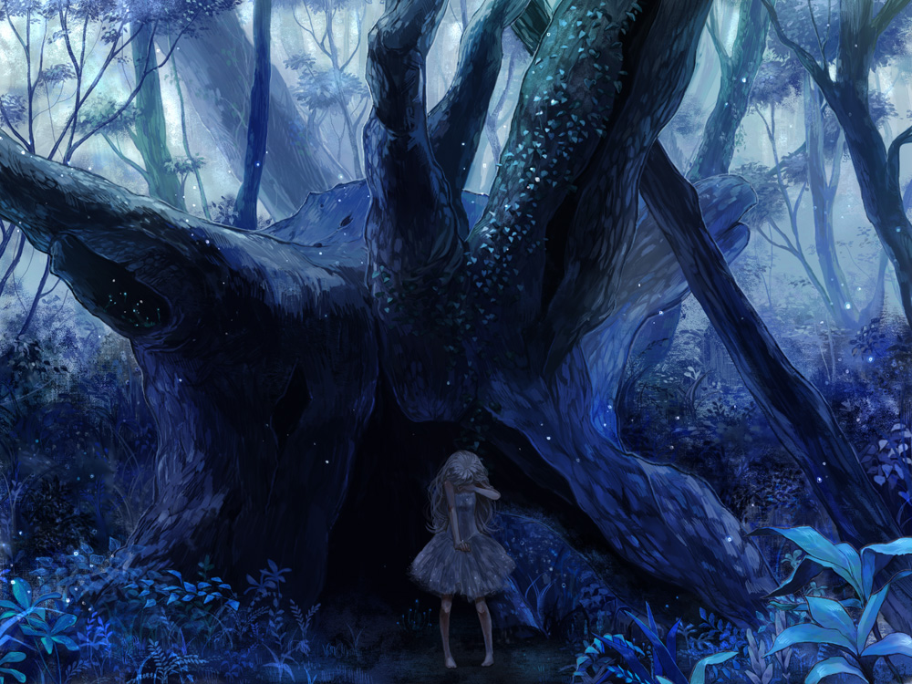1girl, bad_id, bad_pixiv_id, barefoot, blonde_hair, blue_theme, child, crying, dress, female_focus, fern, forest, leaf, long_hair, nature, ookamiya, original, outdoors, rowya, scenery, silver_hair, solo, standing, tears, tree