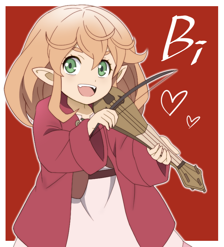 :d, belt, belt_pouch, blonde_hair, bow_(music), coat, fangs, green_eyes, holding, holding_instrument, instrument, long_hair, looking_at_viewer, lyre, music, onomekaman, open_mouth, playing_instrument, pointy_ears, pouch, red_background, red_coat, robina_goodfellow, saihate_no_paladin, simple_background, smile, solo, thick_eyebrows, tunic