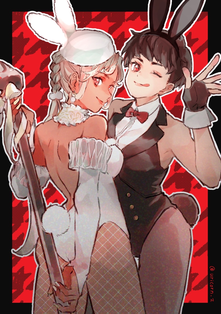 2girls, alternate_costume, animal_ears, animification, apex_legends, ass, backless_leotard, black_hair