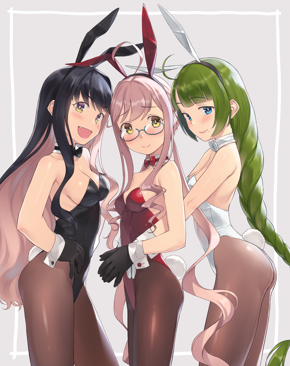 3girls, animal_ears, black_gloves, black_hair, black_leotard, blue-framed_eyewear, blue_eyes, blush, braid, brown_legwear, closed_mouth, detached_collar, fake_animal_ears, fake_tail, fang, glasses, gloves, green_hair, hair_between_eyes, heibonkaeru, highres, kantai_collection, leotard, long_hair, makigumo_(kancolle), makigumo_kai_ni_(kancolle), mole, mole_under_mouth, multicolored_hair, multiple_girls, naganami_(kancolle), open_mouth, pantyhose, pink_hair, playboy_bunny, rabbit_ears, rabbit_tail, red_leotard, single_braid, smile, strapless, strapless_leotard, tail, white_legwear, wrist_cuffs, yellow_eyes, yuugumo_(kancolle)