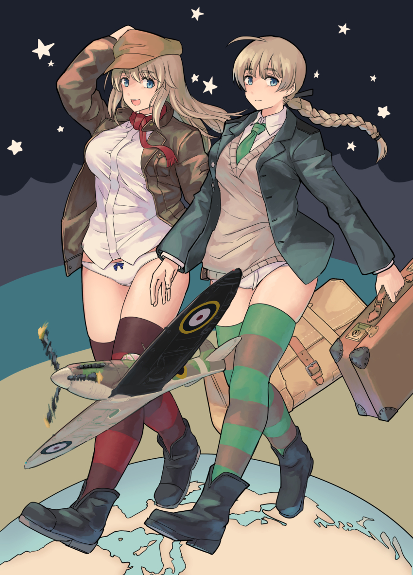 2girls, ahoge, airplane, black_footwear, black_jacket, blue_eyes, bow, bow_panties, breasts, brown_hair, brown_jacket, collared_shirt, globe, green_necktie, hand_on_headwear, highres, jacket, large_breasts, long_hair, looking_at_viewer, lynette_bishop, military_vehicle, multiple_girls, necktie, panties, pondo_(peng-model), propeller_fighter, red_necktie, red_scarf, roundel, scarf, shirt, siblings, sisters, skindentation, smile, strike_witches, strike_witches:_katayoku_no_majo-tachi, striped_clothes, striped_legwear, striped_thighhighs, suitcase, supermarine_spitfire, sweater, tan_sweater, thighhighs, thighs, underwear, walking, white_shirt, wilma_bishop, world_witches_series