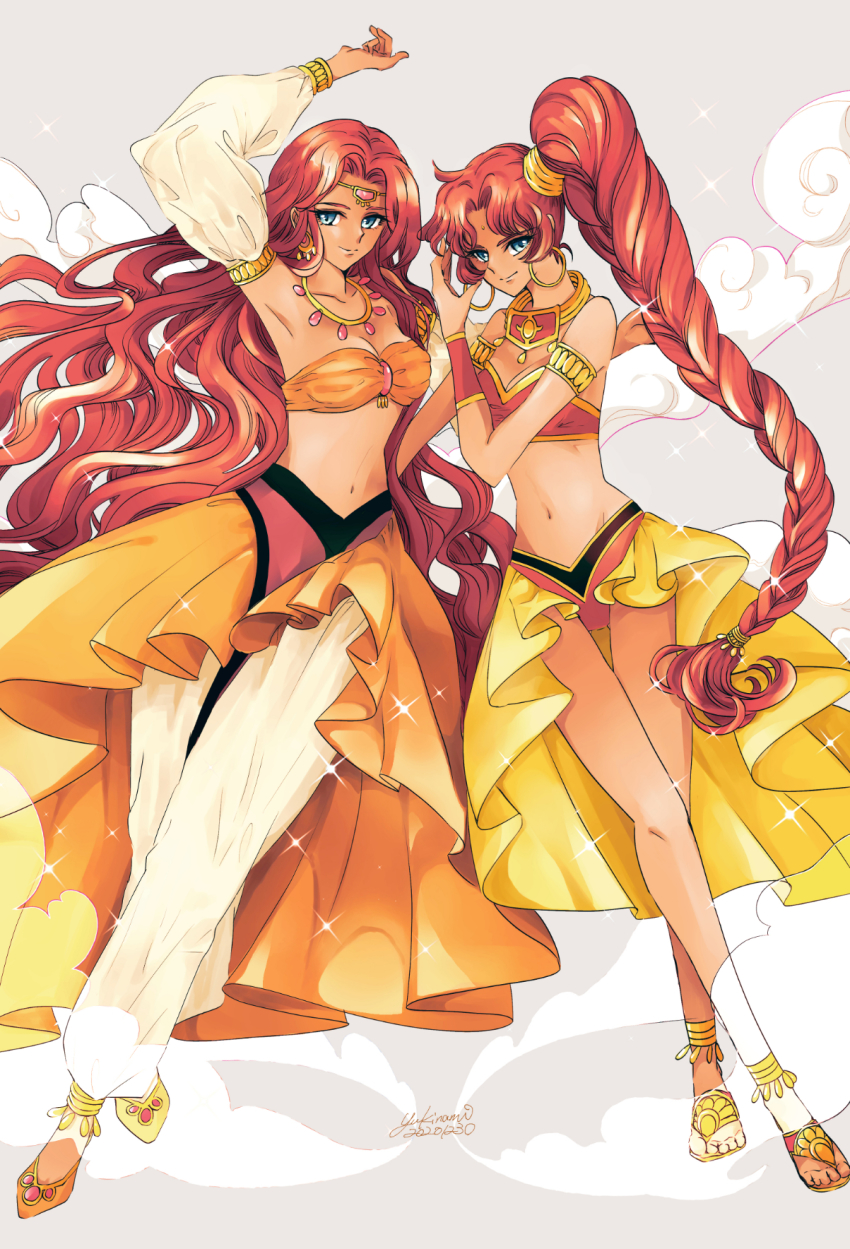 2girls, arm_up, armlet, armpits, asian_indian_clothes, bare_legs, blue_eyes, braid, braided_ponytail, brooch, circlet, clamp_(style), closed_mouth, collarbone, dated, desi, detached_sleeves, earrings, full_body, grey_background, high_ponytail, highres, hoop_earrings, jewelry, long_hair, looking_at_viewer, magic_knight_rayearth, multiple_girls, navel, necklace, official_style, pants, parted_bangs, ponytail, red_hair, siblings, side_ponytail, signature, sisters, smile, smoke, sparkle, symmetry, tan, tarta_(rayearth), tatra_(rayearth), thigh_gap, twins, very_long_hair, wavy_hair, white_pants, white_sleeves, yukinami_(paru26i)