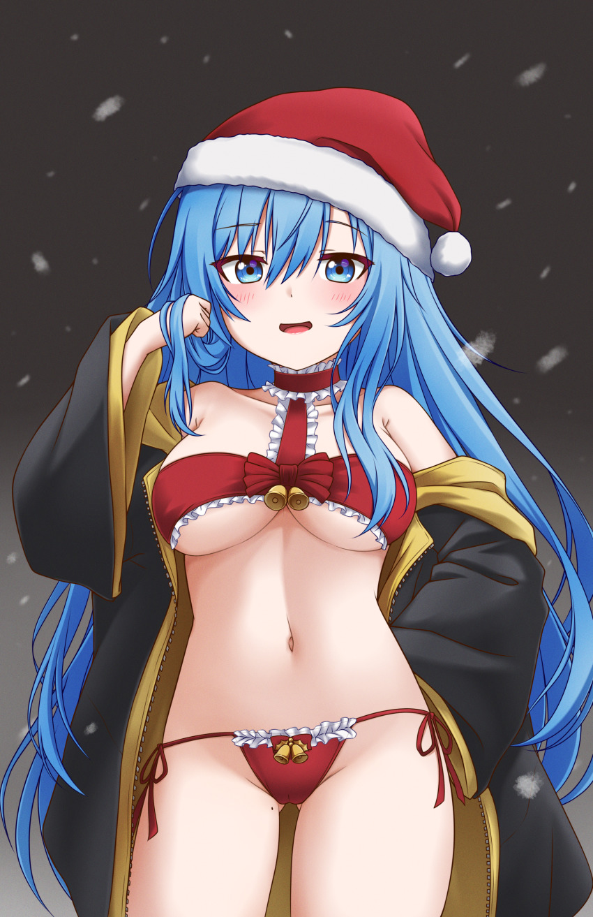 1girl, absurdres, bare_shoulders, bell, bikini, blue_eyes, blue_hair, blush, breasts, christmas, cleavage, collarbone, elie_wayne, hat, highres, jan_azure, large_breasts, long_hair, long_sleeves, looking_at_viewer, navel, open_mouth, original, red_bikini, red_hat, santa_bikini, santa_costume, santa_hat, smile, snow, snowing, solo, swimsuit