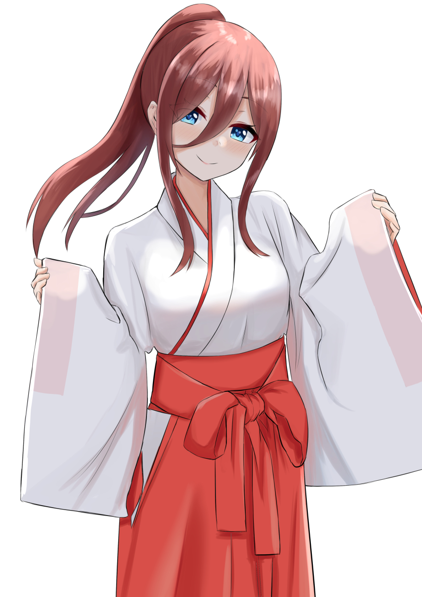 1girl, absurdres, blue_eyes, breasts, brown_hair, go-toubun_no_hanayome, hair_between_eyes, head_tilt, highres, japanese_clothes, kagaya_523, kimono, large_breasts, long_hair, nakano_miku, simple_background, upper_body, white_background, yukata