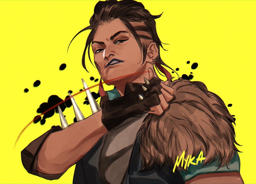 absurdres, apex_legends, artist_name, black_gloves, black_lips, blue_jacket, brown_eyes, brown_hair, earrings, fingerless_gloves, fur_trim, gloves, highres, jacket, jewelry, mad_maggie_(apex_legends), myka, parted_lips, portrait, scowl, shoulder_spikes, spiked_gloves, spikes, yellow_background