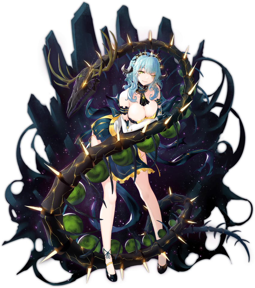 1girl, animal_skull, ankle_ribbon, apron, ark_order, arm_garter, arm_rest, ascot