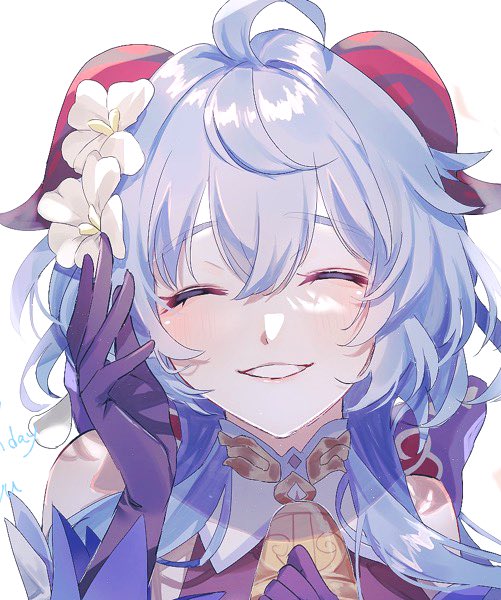 1girl, bell, blue_hair, blush, chinese_clothes, flower, ganyu_(genshin_impact), genshin_impact, hair_flower, hair_ornament, horns, long_hair, neck_bell, pale_skin, sheep_horns, smile, solo, usagi_(osigakimaran93)