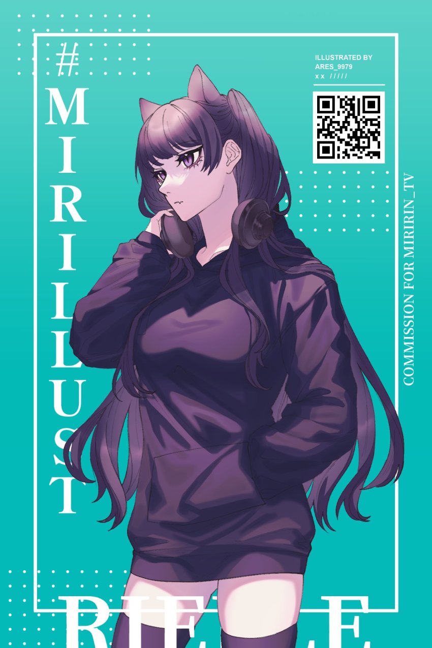 1girl, animal_ears, aqua_background, ares_9979, black_hair, black_hoodie, black_thighhighs, cat_ears