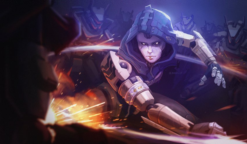 1girl, absurdres, apex_legends, ash_(titanfall_2), black_sclera, colored_sclera, commentary, english_commentary, expressionless, fighting_stance, highres, holding, holding_sword, holding_weapon, hood, hood_up, humanoid_robot, no_humans, open_hand, pune_(pune_jit), realistic, red_eyes, robot, slashing, solo_focus, sparks, spectre_(titanfall), sword, weapon, white_eyes