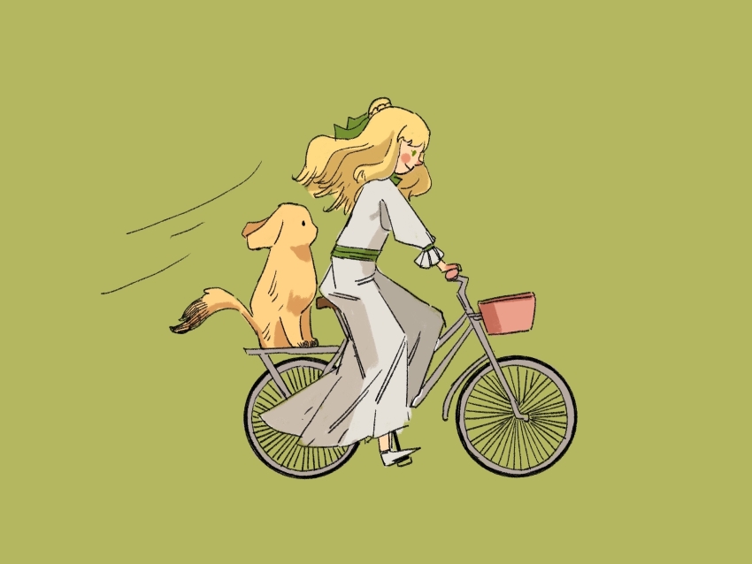 1girl, audrey_hall, bicycle, bicycle_basket, blonde_hair, blush, chinese_commentary, commentary_request