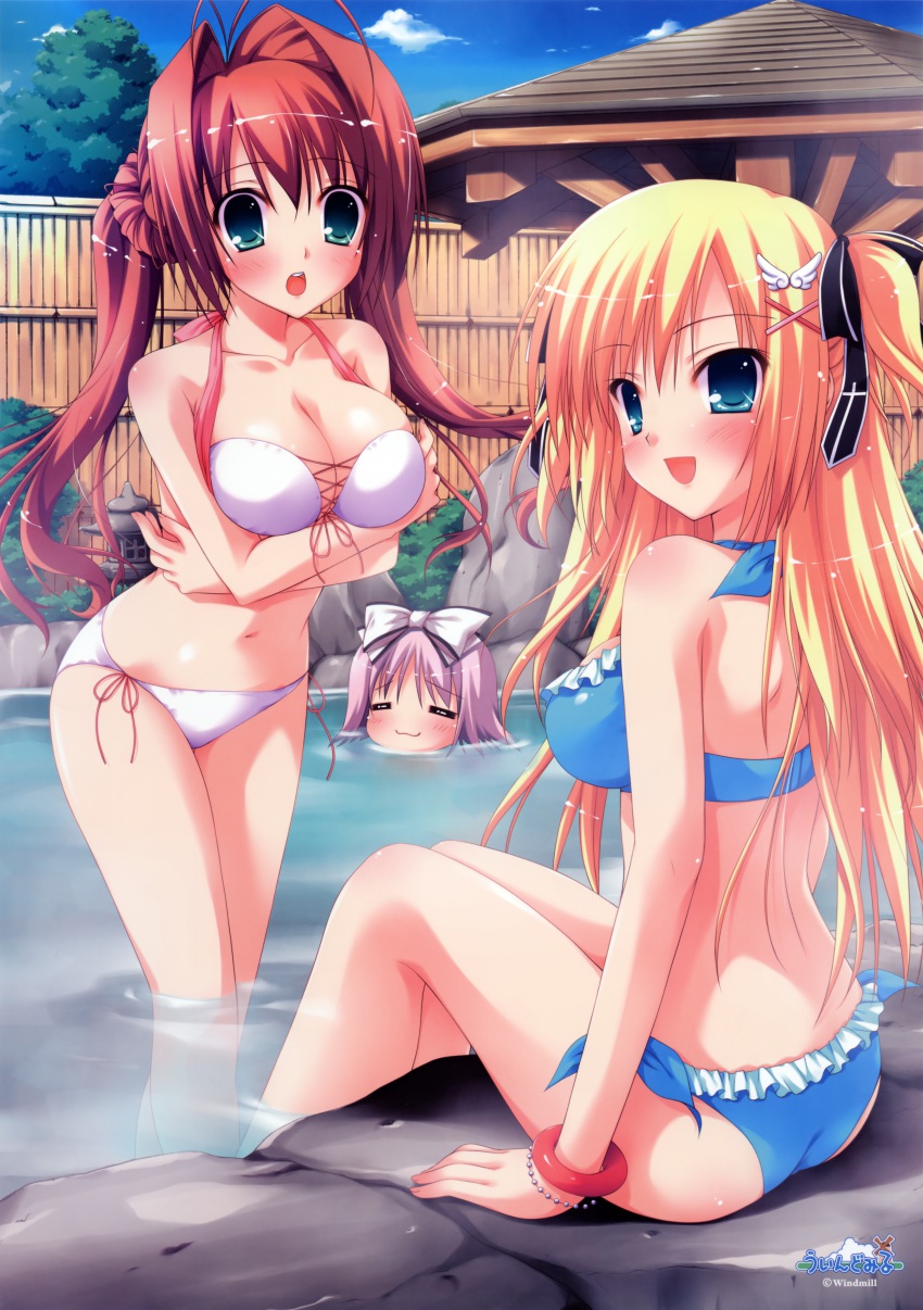 3girls, :3, =_=, absurdres, antenna_hair, aqua_eyes, bikini, blonde_hair, blue_eyes, blush, bow, bracelet, breast_hold, breast_lift, breasts, brown_hair, character_request, day, frilled_bikini, frills, front-tie_top, hair_bow, hair_ornament, hair_ribbon, highres, iro_ni_ide_ni_keri_waga_koi_wa, jewelry, kaeda_yuzuna, kaede_yuzuna, large_breasts, long_hair, looking_back, multiple_girls, narumi_yuu_(bunbukudou), onsen, open_mouth, outdoors, purple_hair, ribbon, short_hair, short_twintails, side-tie_bikini_bottom, sitting, smile, soaking_feet, suzueda_komachi, swimsuit, tenjou_rio, tree, twintails, very_long_hair, wading, water, windmill, windmill_(company), wristband
