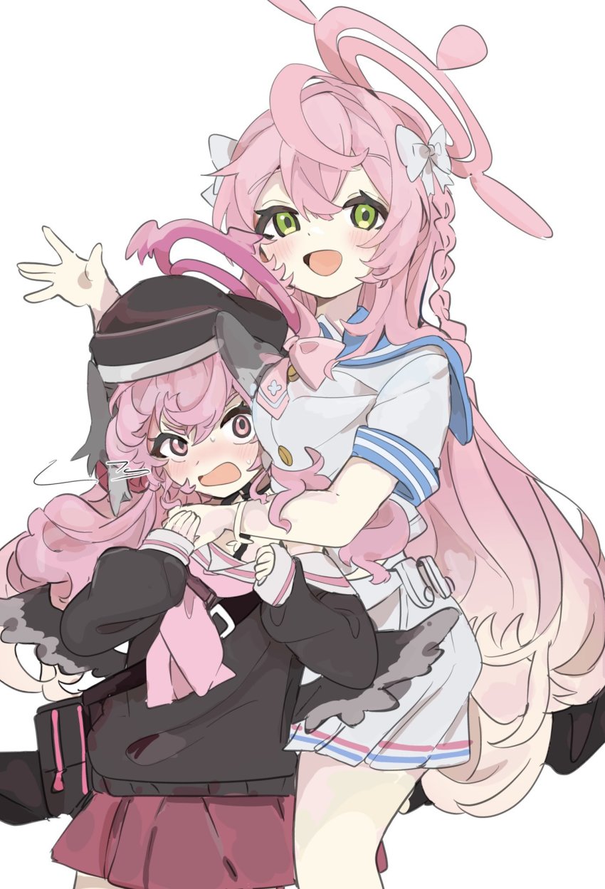 2girls, black_headwear, blue_archive, blush, braid, feathered_wings, green_eyes, hair_ribbon