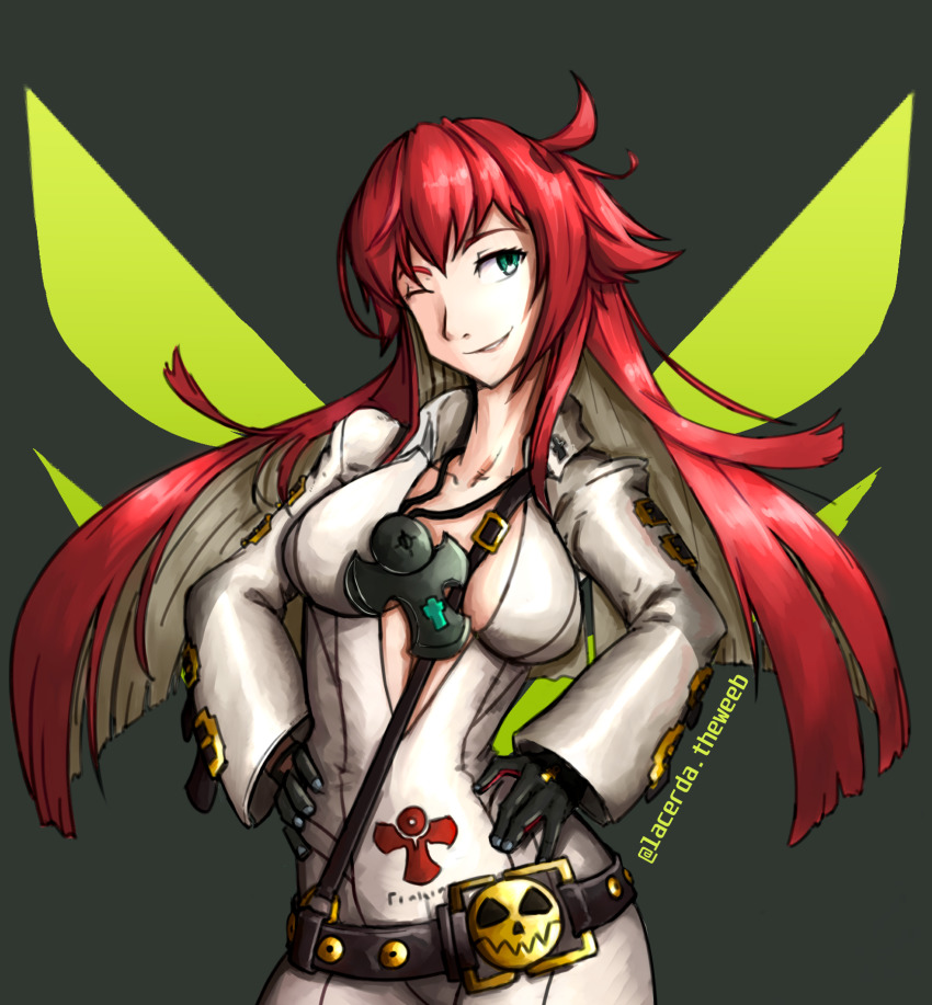 1girl, ankh_necklace, belt, belt_buckle, bodysuit, breasts, buckle, cleavage, colored_inner_hair, female_focus, gloves, green_eyes, guilty_gear, guilty_gear_strive, highres, jack-o'_valentine, lacerdaisaweeb, looking_at_viewer, multicolored_hair, one_eye_closed, red_hair, self-upload, simple_background, solo, two-tone_hair, white_hair