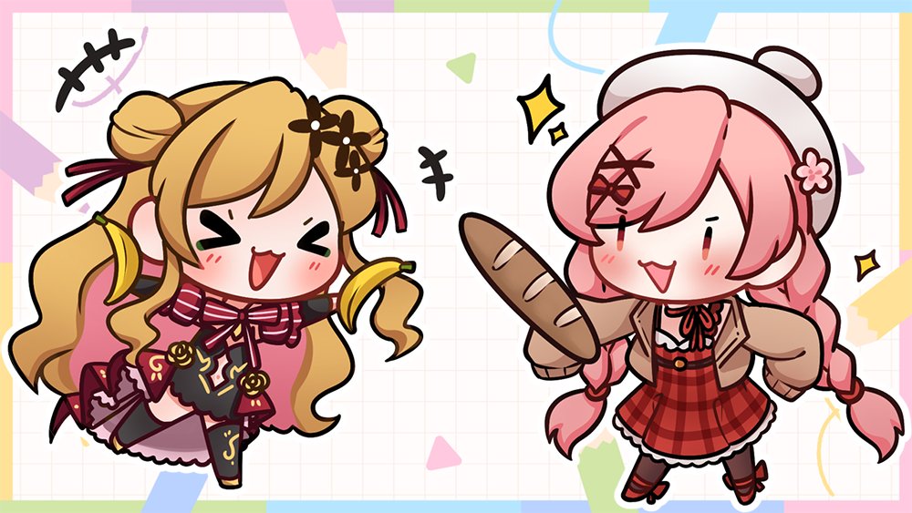 >_<, 2girls, :3, baguette, banana, beret, black_dress, blonde_hair