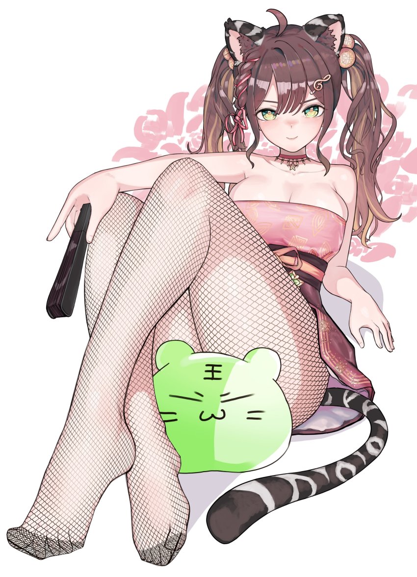 1girl, absurdres, alternate_costume, animal_ears, blush, breasts, brown_hair, chinese_zodiac, choker, cleavage, collarbone, dress, fishnets, foot_focus, foreshortening, fortissimo, green_eyes, hair_ornament, hand_fan, highres, holding, holding_fan, kemonomimi_mode, medium_breasts, miori_celesta, mogu_(miori_celesta), musical_note, musical_note_hair_ornament, pantyhose, pink_dress, red_choker, sitting, slime_(creature), solo, tail, tak376, tiger_ears, tiger_tail, treble_clef, tsunderia, twintails, virtual_youtuber, year_of_the_tiger