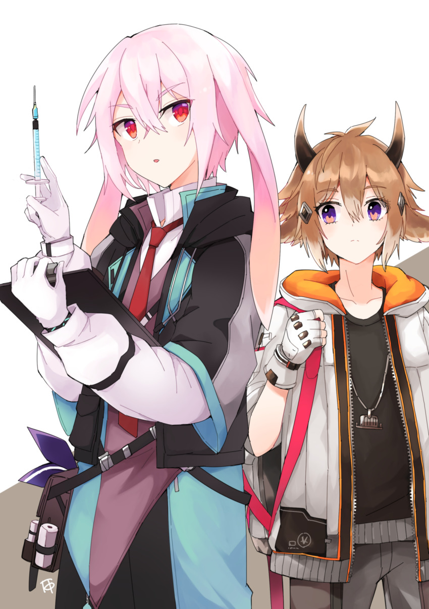 2boys, absurdres, animal_ears, ansel_(arknights), arknights, bag, bison_(arknights), black_shirt