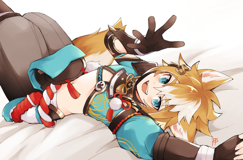 1boy, animal_ears, armor, bed_sheet, black_gloves, blue_eyes, blush, dog_boy, dog_ears, dog_tail, eyeshadow, geev, genshin_impact, gloves, gorou_(genshin_impact), hair_between_eyes, highres, japanese_armor, japanese_clothes, light_brown_hair, looking_at_viewer, lying, makeup, male_focus, multicolored_hair, on_back, paw_print, red_eyeshadow, signature, solo, tail, tassel, white_hair