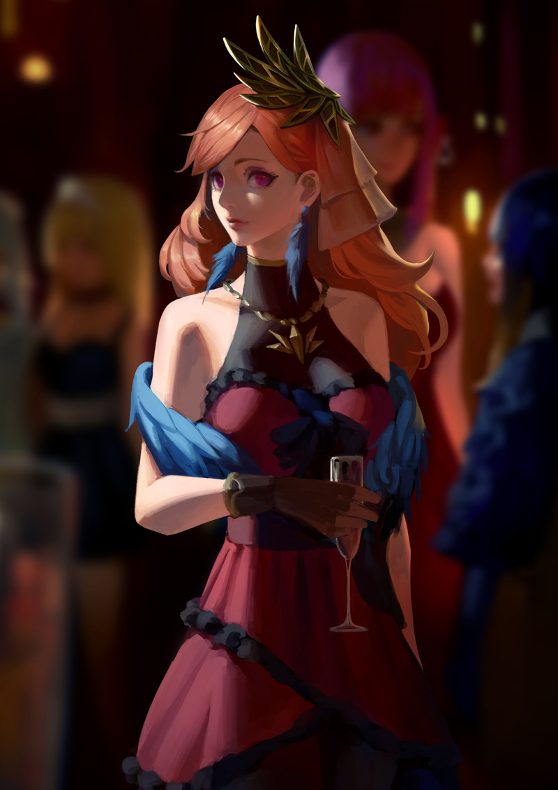 5girls, arm_at_side, asymmetrical_bangs, bare_shoulders, black_gloves, blonde_hair, blue_hair, blunt_bangs