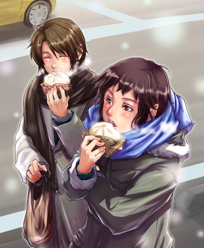 00s, 2boys, brown_eyes, brown_hair, car, closed_eyes, dumpling, eating