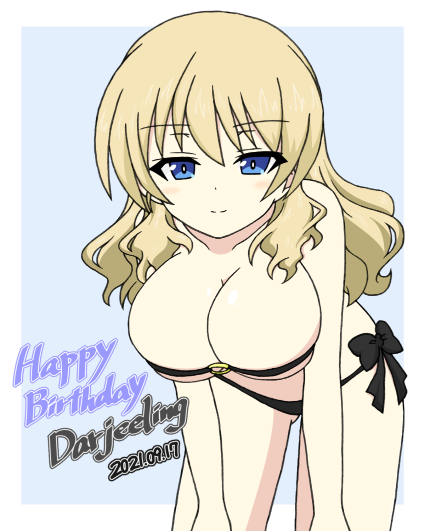 1girl, alternate_hairstyle, bikini, birthday, blue_background, border, breasts, character_name, cleavage, closed_mouth, commentary, darjeeling_(girls_und_panzer), dated, english_text, girls_und_panzer, hair_down, half-closed_eyes, hands_on_own_knees, happy_birthday, highres, ichinose_jun, large_breasts, leaning_forward, long_hair, looking_at_viewer, o-ring, o-ring_bikini, outside_border, side-tie_bikini_bottom, skindentation, smile, solo, standing, strapless, strapless_bikini, swimsuit, white_border