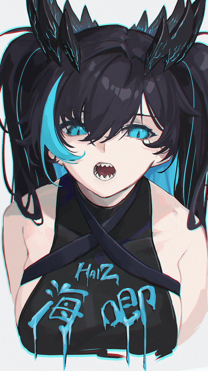 1girl, bare_shoulders, black_hair, black_shirt, blue_eyes, blue_hair, body_writing, breasts