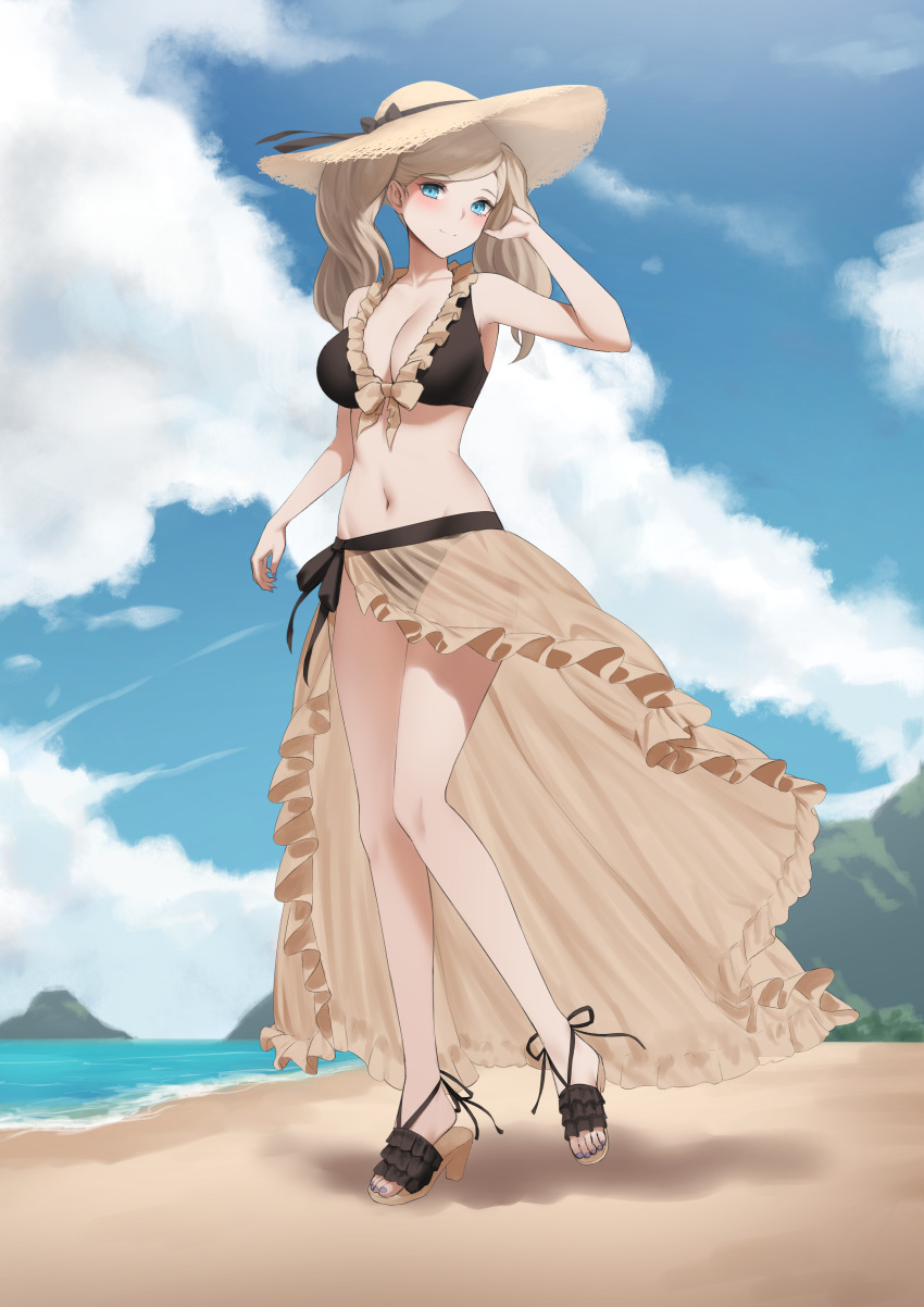 1girl, absurdres, alternate_costume, bare_legs, beach, bikini, black_bikini, blonde_hair
