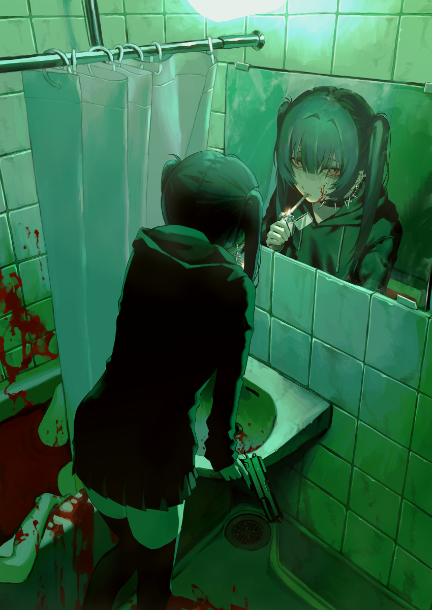 1girl, absurdres, bathroom, black_hair, black_hoodie, black_skirt, black_thighhighs, blood, blood_on_face, blunt_bangs, cigarette, collar, corpse, cross, cross_earrings, curtains, death, earrings, feet_out_of_frame, from_above, gun, highres, holding, holding_gun, holding_weapon, hood, hoodie, indoors, jewelry, leaning_on_object, lighter, lighting_cigarette, long_hair, looking_to_the_side, mirror, murder, nia_(x_x02), original, reflection, sink, skirt, slit_pupils, smoking, solo, spiked_collar, spikes, thighhighs, tile_wall, tiles, twintails, weapon