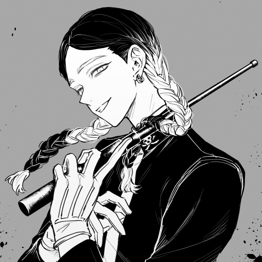 1boy, absurdres, baton, baton_(weapon), braid, earrings, expandable_baton, gloves