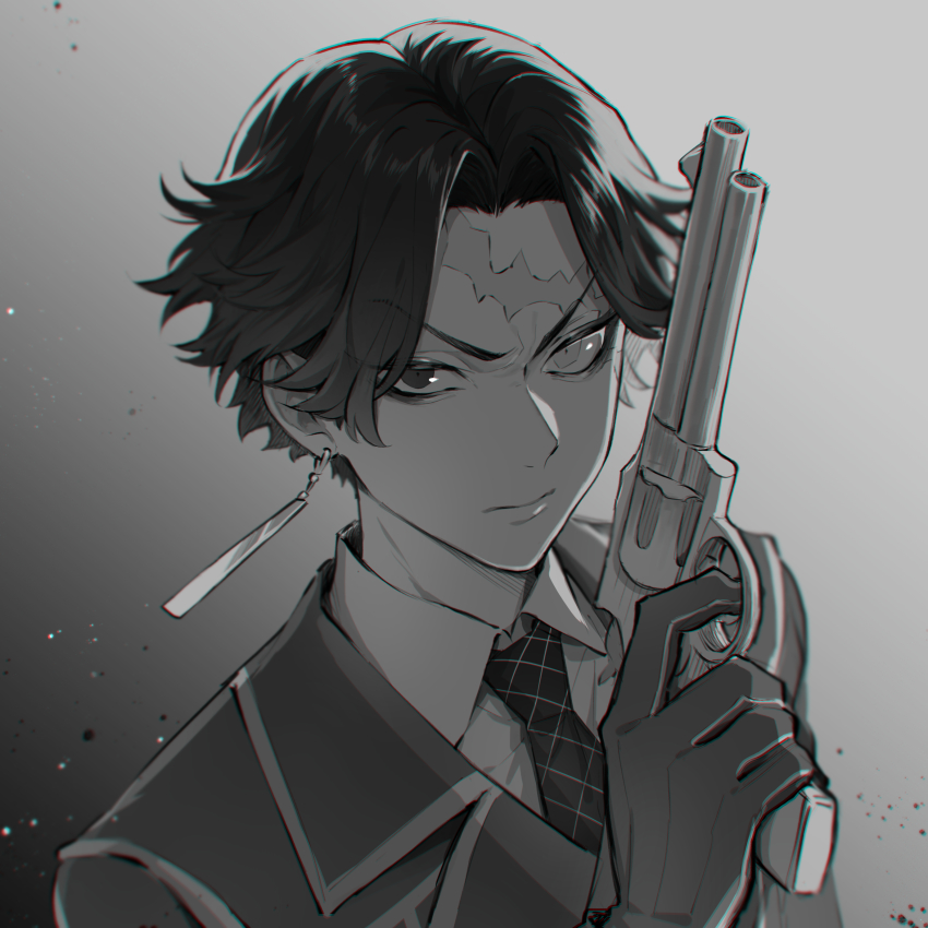 1boy, absurdres, closed_mouth, collared_shirt, dress_shirt, earrings, forehead, gloves, greyscale, gun, handgun, highres, hitto_kakuchou, holding, holding_gun, holding_weapon, jacket, jewelry, looking_at_viewer, male_focus, monochrome, nanin, necktie, portrait, revolver, scar, scar_on_face, shirt, short_hair, single_earring, solo, tokyo_revengers, v-shaped_eyebrows, weapon