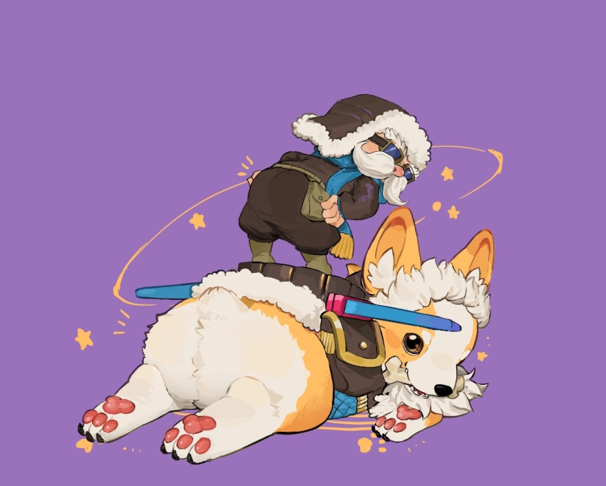 1boy, animal, bent_over, bone, boots, brown_boots, brown_headwear, brown_pants, corgi_corki, corki, dog, facial_hair, fur-trimmed_headwear, fur_trim, ghostgrass, goggles, league_of_legends, long_sleeves, looking_back, lying, mouth_hold, mustache, notice_lines, official_alternate_costume, on_stomach, oversized_animal, pants, pilot, pink_background, pouch, smile, solo, standing, welsh_corgi, yordle